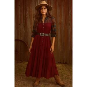 Anthropologie Tina+Jo Boho Western Burgundy Long Sleeve Maxi Dress Tiered Small